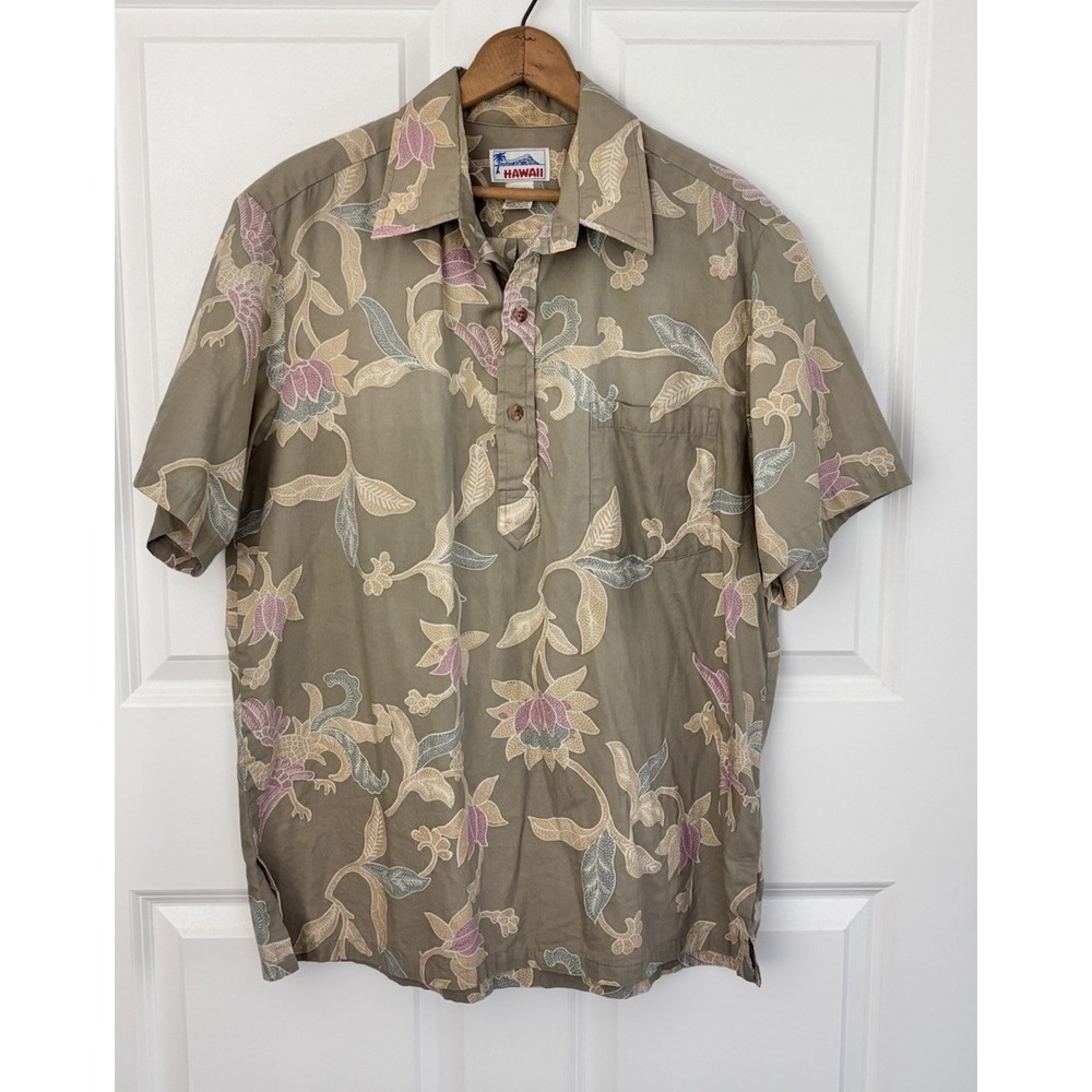 Vintage Hawaii Aloha Shirt Men's L 100% Cotton Taupe‎ Floral Camp Shirt 0568